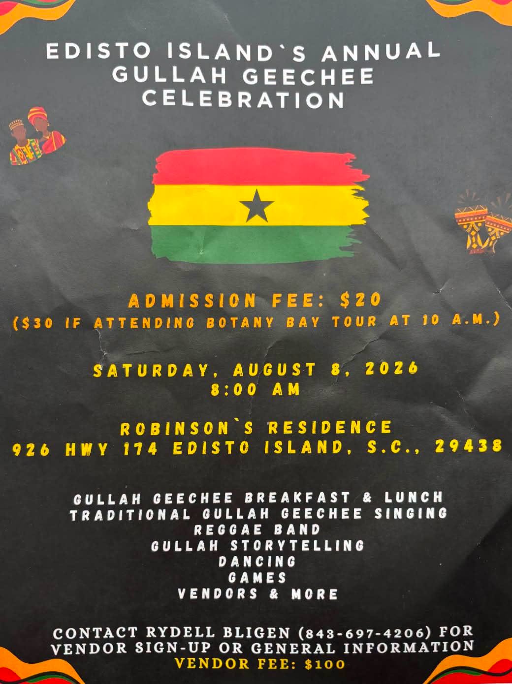 A black promotional poster for the Edisto Island's Annual Gullah Geechee Celebration flyer for Saturday August 8, 2026
