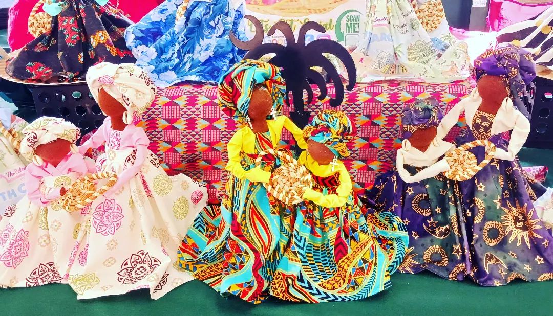 Colorful Gullah Dolls in Mother and Daughter set sharing Sweet Grass Basket