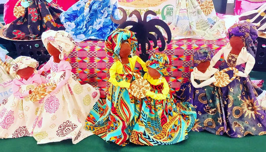 Colorful Gullah Dolls in Mother and Daughter set sharing Sweet Grass Basket