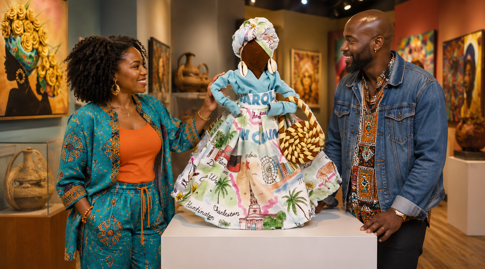 A man and a woman enjoying Life size Gullah Doll  wearing a colorful printed dress and headwrap in an art gallery or museum. The Gullah Doll is displayed on a white pedestal, with cultural paintings and exhibits visible in the background.