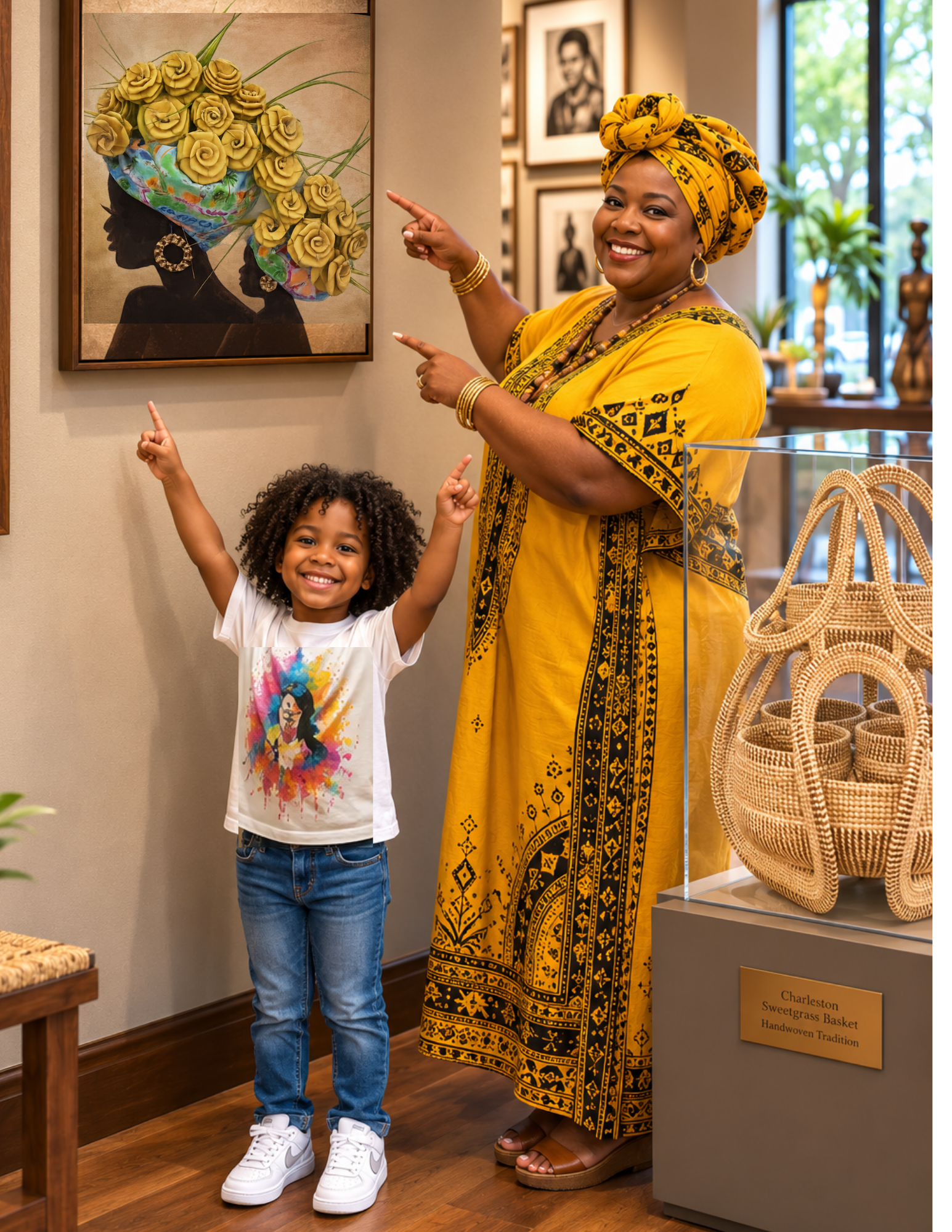 Gullah  woman and a young boy posing in a museum gallery, both pointing toward a framed painting of a woman's silhouette decorated with large yellow Gullah Roses. The woman is wearing a bright yellow traditional dress and matching headwrap, while the boy wears a white graphic t-shirt and blue jeans.